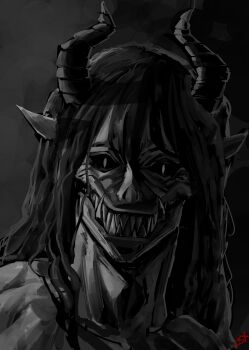 1boy absurdres black_hair black_sclera colored_sclera demon_boy demon_horns fangs greyscale grin highres horns l3xarts_17 long_hair looking_at_viewer monochrome official_alternate_costume pointy_ears portrait shadow_slave sharp_teeth sidelighting slit_pupils smile solo sunny_(shadow_slave) teeth