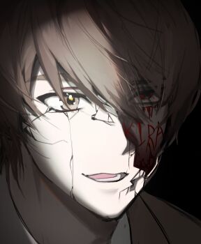 Rule 34 | 1boy, black background, blood, blood writing, bloody tears, broken mask, brown hair, close-up, cracked kawaii mask, cracked mask, death note, egyo o24, hair between eyes, hashtag-only commentary, highres, male focus, mask, portrait, red eyes, short hair, simple background, solo, yagami light