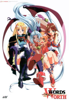 Rule 34 | 4girls, ;d, animal ears, ankle boots, arm around neck, armor, bat wings, blonde hair, blue eyes, blue hair, blush, boots, bow, bridal gauntlets, brown hair, cape, capelet, cat ears, cat tail, choker, claws, clenched hand, colored skin, company name, copyright name, crescent, crescent hair ornament, cross-laced clothes, cross-laced footwear, crossed arms, crossed legs, delta (words worth), demon girl, dress, elbow gloves, facial mark, fangs, fingernails, floating hair, forehead mark, full body, fur, gloves, greaves, green eyes, grin, hair bow, hair ornament, head wings, highres, hug, hug from behind, logo, long fingernails, long hair, looking at another, looking at viewer, mew (words worth), multiple girls, nina (words worth), official art, one eye closed, open mouth, orange hair, panties, pantyshot, parted bangs, pauldrons, pointy ears, purple panties, purple skin, raised eyebrows, red eyes, ribbon, rin-sin, scan, sharon (words worth), short dress, shoulder armor, simple background, sitting, skirt, smile, sword, tail, thighhighs, underwear, vambraces, very long hair, wavy hair, weapon, white background, white dress, white gloves, white legwear, wings, words worth, yellow eyes