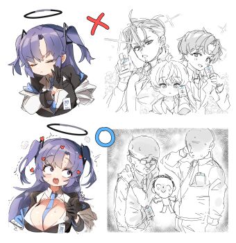 1girl 4koma 6+boys absurdres aroused bald between_breasts bishie_sparkle bishounen black_halo blue_archive blue_archive_the_animation blue_necktie blush breasts child cleavage closed_eyes closed_mouth comic doodle_sensei_(blue_archive) drakeposting_(meme) eunsa fat fat_man frown hair_ornament halo heart highres id_card jacket jacket_partially_removed lanyard long_hair mechanical_halo medium_breasts meme multiple_boys multiple_views necktie necktie_between_breasts no_(gesture) open_mouth purple_eyes purple_hair rejection saliva sensei_(blue_archive) shota triangle_hair_ornament two-sided_fabric two-sided_jacket two_side_up yuuka_(blue_archive)