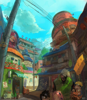 006_wa 1girl 3boys black_hair blonde_hair blue_sky building cloud facial_mark forehead_protector green_vest grey_hair haruno_sakura hatake_kakashi highres jacket konohagakure_shinobi_uniform konohagakure_symbol multiple_boys naruto_(classic) naruto_(series) orange_jacket pink_hair sky team_7_(naruto) translation_request uchiha_sasuke uzumaki_naruto vest village whisker_markings