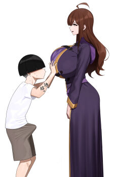 1boy 1girl age_difference ahoge black_hair bowl_cut breasts brown_hair bulge grabbing_another&#039;s_breast grey_shorts groping hetero highres huge_breasts kono_subarashii_sekai_ni_shukufuku_wo! long_hair onee-shota purple_robe robe senju_(snz0) shirt shorts shota simple_background time_stop white_background white_shirt wiz_(konosuba)