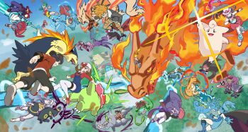 agatha_(pokemon) arcanine attack battle blastoise blue_oak bruno_(pokemon) cannon cape charizard clair_(pokemon) claws clefairy dragon dragonite dynamax espeon ethan_(pokemon) everyone_fighting fangs feraligatr fighting fire flame-tipped_tail gastly gen_1_pokemon gen_2_pokemon gen_4_pokemon gigantamax gigantamax_charizard hat haunter highres horns karen_(pokemon) koga_(pokemon) krystal lance_(pokemon) leaf_(pokemon) lens_flare looking_at_another lorelei_(pokemon) lyra_(pokemon) meganium midair morty_(pokemon) nintendo pikachu pokemon pokemon_(creature) pokemon_frlg pokemon_gsc pokemon_hgss red_(pokemon) riding ryuusei_(trickster) scarf seadra silver_(pokemon) starter_pokemon_trio steelix tail typhlosion umbreon venusaur weavile will_(pokemon)