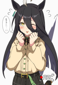 1girl ahoge animal_ear_piercing animal_ears belt black_belt black_hair black_skirt blush commentary_request double-parted_bangs dress_shirt frilled_shirt frills hair_between_eyes highres horse_ears horse_girl horse_tail long_hair long_sleeves looking_at_viewer manhattan_cafe_(casual)_(umamusume) manhattan_cafe_(umamusume) multicolored_hair one_eye_closed plaid_clothes plaid_skirt pleated_skirt puffy_sleeves recording seiji_(artman) shirt skirt smile solo speech_bubble streaked_hair sweatdrop tail thought_bubble tongue tongue_out translation_request umamusume upper_body very_long_hair white_hair yellow_eyes yellow_shirt