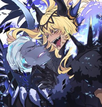 1boy 1girl absurdres anger_vein blonde_hair blue_eyes blue_fire blue_hair blush colored_sclera colored_skin dark-skinned_female dark-skinned_male dark_skin dragon_girl dragon_horns dragon_tail facial_mark fate/grand_order fate_(series) fighting fire fog_fgo forked_tongue grey_sclera grey_skin hand_on_another&#039;s_neck highres horns indra_(fate) long_hair multicolored_hair open_mouth sharp_teeth short_hair side_labret_piercing smile sweatdrop tail teeth tongue tongue_out two-tone_hair upper_body vritra_(fate) white_hair yellow_eyes