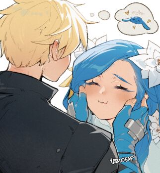 1boy 1girl artist_name blonde_hair blue_eyeshadow blue_hair blush closed_eyes closed_mouth commentary couple dizzy_(guilty_gear) english_commentary eyeshadow fingerless_gloves flower gloves guilty_gear guilty_gear_strive hair_flower hair_ornament hand_on_another's_face highres husband_and_wife ky_kiske long_hair makeup queen_dizzy short_hair simple_background speech_bubble swept_bangs thick_eyelashes thought_bubble white_background white_flower yablofap yellow_flower