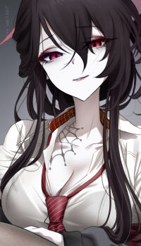 1girl absurdres black_hair black_pantyhose blue_archive breasts bucho_sama collared_shirt crossed_legs eyeliner flip-flops hair_between_eyes hair_ornament hair_stick halo highres kokuriko_(blue_archive) large_breasts looking_at_viewer loose_necktie makeup necktie pale_skin pantyhose red_eyeliner red_eyes red_halo red_lips red_necktie sandals school_uniform shirt sitting solo spider_web_pattern thighs white_shirt