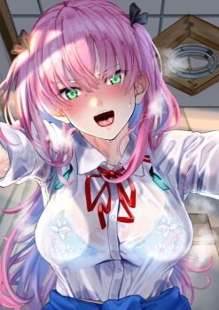 Rule 34 | 1girl, aikawa megumi, black ribbon, blue bra, blush, bra, bra visible through clothes, breasts, clothes around waist, collared shirt, commentary request, commission, eyelashes, eyes visible through hair, floral print, floral print bra, green eyes, hair between eyes, hair ribbon, heaven burns red, heavy breathing, highres, indoors, jacket, jacket around waist, large breasts, lips, long hair, long sleeves, neck ribbon, noir (nowaru), nose blush, open mouth, paid reward available, pink hair, pov, print bra, red ribbon, ribbon, saliva, see-through clothes, see-through shirt, shirt, signature, skeb commission, solo, steaming body, straight-on, sweat, teeth, textless version, tongue, two side up, underwear, upper body, upper teeth only, v-shaped eyebrows, very long hair, wet, wet clothes, wet shirt, white shirt