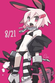 1girl absurdres aida_(aidia) animal_ears bandaid bandaid_hair_ornament bikini black_bikini black_boots black_thighhighs blush_stickers boots candy chain chainsaw collar commentary_request dated double-parted_bangs feet_out_of_frame fold-over_boots food hair_between_eyes hair_ornament highres holding holding_chainsaw holding_stuffed_toy knee_boots lollipop looking_at_viewer navel open_mouth original pink_background pink_hair rabbit_ears red_eyes sharp_teeth short_hair signature simple_background solo standing striped_clothes striped_thighhighs stuffed_animal stuffed_rabbit stuffed_toy swimsuit teeth thighhighs