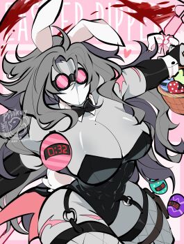 1girl absurdres animal_ears artist_name bare_shoulders basket black-framed_eyewear black_bow black_bowtie black_gloves black_leotard blood bow bowtie breasts bridal_gauntlets cleavage coattails colored_skin commentary covered_abs covered_navel detached_collar egg english_commentary english_text facial_mark fake_animal_ears fishnet_legwear fishnets garter_straps gloves goggles grey_hair grey_skin highleg highleg_leotard highres large_breasts leotard long_hair madness_combat mask mature_female mole mole_on_breast mouth_mask muscular muscular_female pink-tinted_eyewear pink_bow piyik playboy_bunny rabbit_ears rabbit_tail scar scar_on_arm scythe simple_background solo strapless strapless_leotard tail timer tinted_eyewear very_long_hair white_hank white_mask wrist_cuffs
