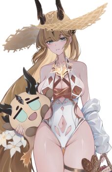 1girl arknights blonde_hair breasts clothing_cutout dragon_horns green_eyes highres horns kuroroui large_breasts long_hair navel navel_cutout reed_(arknights) simple_background thigh_strap very_long_hair white_background