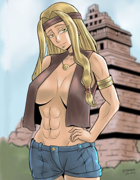 1girl abs absurdres architecture black_vest blonde_hair breasts denim denim_shorts fate/grand_order fate_(series) green_eyes highres large_breasts mesoamerican_architecture non-web_source quetzalcoatl_(fate) shorts solo vest