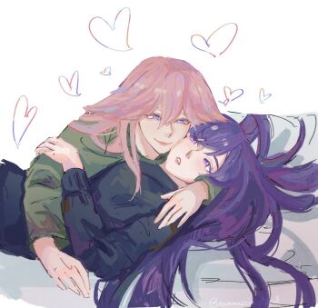 2girls black_sweater commentary cuddling english_commentary evanesciap1lled genshin_impact green_sweater hair_spread_out heart highres lying multiple_girls pink_hair purple_eyes purple_hair raiden_shogun signature smile sweater yae_miko yuri