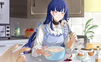 1girl 1other apron breasts closed_eyes commentary commission cracked_egg earrings english_commentary facing_viewer holding holding_whisk honkai_(series) honkai_impact_3rd indoors jewelry kitchen medium_breasts pov pov_hands purple_hair raiden_mei raiden_mei_(apho) ririirisly shirt smile whisk white_shirt