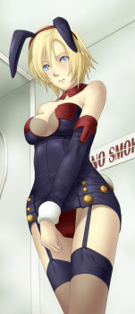 1girl aya_brea blonde_hair blue_eyes blue_pantyhose blush breasts bunny_girl cowboy_shot deep_rising detached_sleeves embarrassed garter_straps looking_at_viewer medium_breasts no_smoking pantyhose parasite_eve_(series) parasite_eve_the_3rd_birthday playboy_bunny rabbit_ears solo thor_(deep_rising) wrist_cuffs