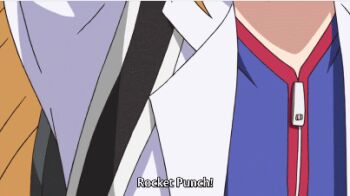 1boy 2girls animated animated_gif black_hair blonde_hair hizuki_touko kagaku_na_yatsura kuze_airi lowres mechanical_arms multiple_girls nozaki_masaya rocket_punch single_mechanical_arm subtitled