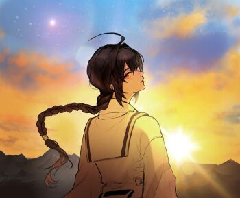 1other ahoge androgynous black_hair braid fate/samurai_remnant fate_(series) from_behind hair_intakes long_braid looking_at_viewer looking_back mountainous_horizon orange_eyes sena_fate sidelocks single_braid sunrise yamato_takeru_(fate)
