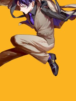 1boy alternate_costume black_gloves black_shirt black_shoes blazer brown_jacket brown_pants brown_vest chain collared_shirt divetovoid expressionless floating_clothes formal_clothes from_side gloves green_eyes hashtag-only_commentary highres holding holding_jacket holding_unworn_clothes jacket jumping kenmochi_touya loafers long_sleeves looking_ahead looking_down male_focus midair necktie nijisanji open_mouth orange_background pants purple_hair purple_necktie purple_socks shirt shoes short_hair socks solo suit unworn_jacket vest virtual_youtuber wing_collar