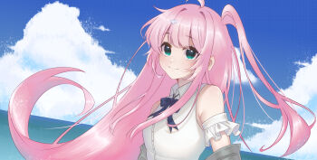 1girl absurdres aqua_eyes bare_shoulders blue_sky breasts closed_mouth cloud commentary double-parted_bangs english_commentary floating_hair highres indie_virtual_youtuber kettletoro_(vtuber) kuraedo long_hair looking_at_viewer ocean pink_hair shirt sky sleeveless sleeveless_shirt smile solo upper_body virtual_youtuber white_shirt