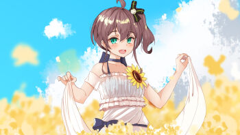 Rule 34 | 1girl, :d, ahoge, alternate costume, bare shoulders, black choker, blue sky, brown hair, chinese commentary, choker, cloud, collarbone, commentary request, cropped, dress, field, flower, flower field, green eyes, highres, hololive, kurokuma shachou, looking at viewer, natsuiro matsuri, open mouth, outdoors, short hair, side ponytail, skirt hold, sky, smile, solo, standing, teeth, upper teeth only, virtual youtuber, white dress