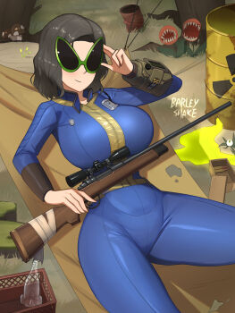 1girl barleyshake black_hair blue_bodysuit bodysuit bottle breasts bullet character_request cowboy_shot eyeball fallout grass gun hand_up highres holding holding_gun holding_weapon large_breasts medium_hair mushroom plant radioactive rock shadow sharp_teeth sunglasses teeth tree vault_girl weapon