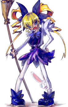 1girl archived_source blonde_hair blue_bow blue_dress blue_eyes blue_shoes blush_stickers bow broom closed_eyes commentary_request dot_nose dress dress_bow drill_hair drill_sidelocks full_body genocide_kitten glasses gunbird hair_between_eyes hair_rings hand_on_own_hip hiding hiding_behind_another holding holding_broom hug huge_bow hugging_another&#039;s_leg juliet_sleeves legs_apart long_sleeves looking_at_viewer marion open_mouth pantyhose pigeon-toed pinafore_dress pince-nez pomupomu psikyo puffy_sleeves rabbit rimless_eyewear round_eyewear shirt shoes short_dress sidelocks simple_background single_tear sleeveless sleeveless_dress standing straight-on teeth twin_drills twintails white_background white_pantyhose white_rabbit_(animal) white_shirt witch