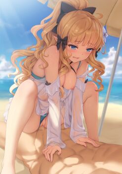 1boy 1girl alpha_(alpha91) aqua_bikini bare_shoulders beach beach_umbrella bikini bikini_bottom_aside bikini_pull black_bow blonde_hair blue_eyes blush bow breasts breasts_out censored clothes_pull clothing_aside collarbone cowgirl_position day dress elf girl_on_top gown hair_bow head_out_of_frame hetero highres layered_bikini long_hair long_sleeves medium_breasts mosaic_censoring nipples open_mouth penis pointy_ears ponytail princess_connect! pussy saren_(princess_connect!) see-through_clothes sex sidelocks solo_focus spread_legs straddling swimsuit umbrella upright_straddle vaginal
