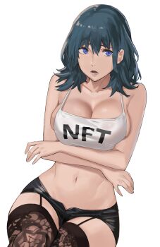 1girl bare_shoulders black_shorts black_thighhighs blue_eyes blue_hair breasts female_byleth_(fire_emblem) camisole cleavage clothes_writing collarbone fire_emblem fire_emblem:_three_houses garter_straps highres j@ck large_breasts looking_at_viewer medium_hair nintendo open_mouth short_shorts shorts simple_background solo thighhighs white_background white_camisole