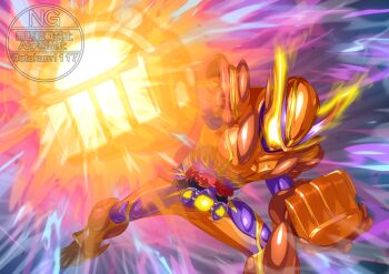Rule 34 | 1boy, absurdres, armor, bodysuit, commentary, energy, glowing, glowing eyes, helmet, highres, kamen rider, kamen rider gavv, kamen rider gavv (series), male focus, otokamu, punching, solo, tokusatsu, twitter username, yellow eyes