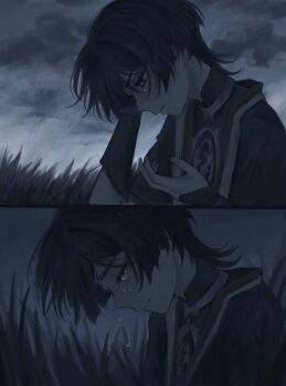 1boy armor black_bodysuit black_eyes black_hair black_kimono blunt_ends blush bodysuit clenched_teeth cloud cloudy_sky crying crying_with_eyes_open eyelashes facing_down genshin_impact gold grass hand_on_own_head hands_up highres japanese_armor japanese_clothes jewelry juban kimono kote kurokote looking_down mandarin_collar mitsudomoe_(shape) neck_ring open_clothes open_hand open_kimono outdoors overcast red_kimono scaramouche_(genshin_impact) sequential sky split_screen tears teeth tomoe_(symbol) white_kimono yoruli_e