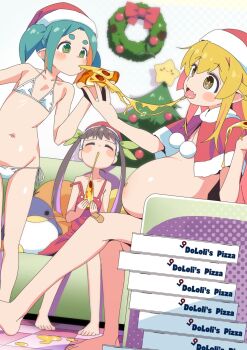 3girls barefoot belly big_belly bikini blonde_hair christmas christmas_tree eating feet food gesugesu_ahoaho hachikuji_mayoi hat highres indoors loli micro_bikini monogatari_(series) multiple_girls navel ononoki_yotsugi oshino_shinobu pizza pizza_slice santa_cape santa_costume santa_hat side-tie_bikini_bottom standing stomach swimsuit toes white_bikini