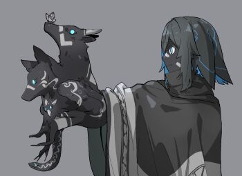 1girl bird black_hair black_skin blue_eyes blue_hair body_markings bug butterfly butterfly_on_nose colored_skin facial_mark glowing glowing_eyes goat grey_background insect light_smile lizard looking_to_the_side multicolored_hair original outstretched_hand poncho shiny_skin snake solo two-tone_hair very_long_fingernails wen_(yamunashi_(soregoshi)) wolf yamunashi_(soregoshi)