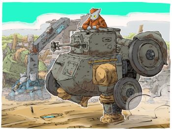 1boy cat_boy dpa highres junkyard mecha original robot soldier solo tank_turret walker_(robot) yabarn