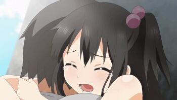 1boy 1girl adachi_tenka ahegao animated animated_gif arms_wrapped_around_partner bikini bikini_bottom_only black_hair censored closed_eyes crying cum cum_in_pussy hairdressing hetero loli open_mouth orgasm ponytail sex shoujo_ramune sweat swimsuit