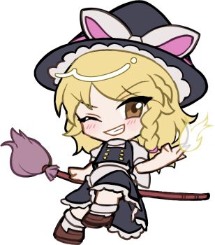 1girl apron black_hat black_skirt black_vest blonde_hair blush bow braid broom broom_riding brown_shoes chibi chibi_only fire frilled_apron frilled_skirt frills full_body grin hand_up hat hat_bow kirisame_marisa long_hair looking_at_viewer mirei_(miirei) one_eye_closed shirt shoes short_sleeves simple_background single_braid sitting skirt skirt_set smile socks solo touhou transparent_background v-shaped_eyebrows vest waist_apron white_apron white_bow white_shirt white_socks witch_hat yellow_eyes