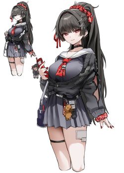 1girl absurdres adapted_costume alternate_breast_size_(larger) alternate_design arm_cutout black_cardigan black_choker black_hair black_serafuku black_skirt breasts bright_pupils cardigan cellphone cellphone_charm charm_(object) chisa_(wuthering_waves) choker clothing_cutout collarbone commentary cropped_legs fingernails flip_phone furuming1 hair_intakes hair_ribbon hashtag-only_commentary high_ponytail highres lace_thigh_strap large_breasts long_hair long_sleeves looking_at_viewer mole mole_under_eye nail_polish namipon_(wuthering_waves) neckerchief phone ponytail red_eyes red_nails red_neckerchief red_ribbon ribbon sailor_collar school_uniform serafuku simple_background skirt solo thigh_strap white_background white_pupils white_sailor_collar wuthering_waves