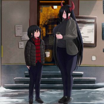 1boy 1girl absurdres alternate_costume azur_lane black_hair black_jacket black_pants black_sweater breasts casual coat commentary commission cup disposable_coffee_cup disposable_cup door english_commentary friedrich_der_grosse_(azur_lane) full_body grey_coat hair_over_one_eye height_difference hetero highres holding holding_cup horns huge_breasts jacket long_hair looking_at_another medium_hair open_clothes open_coat outdoors padded_jacket pants plaid_clothes plaid_shirt red_horns red_shirt saiskh shirt snow sweater very_long_hair yellow_eyes