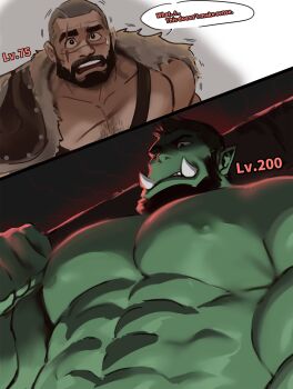 Rule 34 | 2boys, abs, bara, beard, black hair, club (weapon), colored skin, commentary, dopey (dopq), english commentary, english text, facial hair, full beard, green skin, highres, holding, holding club, holding weapon, large pectorals, level difference, male focus, multiple boys, mustache, nipples, orc, original, pectorals, power level, scar, scar on chest, scar on face, short hair, speech bubble, tusks, very short hair, weapon