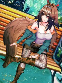 1girl absurd_fox absurdres bare_shoulders belt boots breasts brown_belt brown_boots brown_hair fishnet_thighhighs fishnets fur-trimmed_jacket fur_trim gradient_hair green_jacket hair_ornament hairband highres jacket long_hair long_tail looking_at_viewer multicolored_hair official_alternate_costume on_bench open_clothes open_jacket red_eyes shirt sitting solo tail thighhighs white_hairband white_shirt ye_shunguang zenless_zone_zero