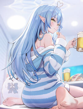 1girl absurdres ahoge alcohol ass barefoot beer beer_mug blue_hair blue_jacket blush breasts camisole commentary_request crossed_bangs cup elf feet food fur-trimmed_jacket fur_trim heart heart_ahoge highres holding holding_cup holding_food hololive hood hood_down hooded_jacket indoors jacket light_smile long_hair long_sleeves looking_at_viewer looking_back mug official_alternate_costume pointy_ears sharc shoulder_blades sitting snack soles solo spaghetti_strap striped_clothes striped_jacket toenails turning_head virtual_youtuber wariza white_camisole white_jacket yellow_eyes yukihana_lamy yukihana_lamy_(roomwear)