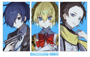 1girl 2boys aigis_(persona) android antenna_hair black_jacket blonde_hair blue_background blue_eyes blue_hair border bow bowtie brown_hair closed_mouth collage commentary dress_shirt earphones_removed evoker expressionless gekkoukan_high_school_uniform gold_hairband gun hair_between_eyes hair_over_one_eye hairband halftone highres holding holding_gun holding_weapon jacket joints latin_text looking_at_object looking_at_viewer mochizuki_ryouji mole mole_under_eye multiple_boys one_eye_covered open_clothes open_jacket parted_lips persona persona_3 portrait red_bow red_bowtie robot_joints scarf school_uniform shirt short_hair suspenders weapon white_border white_shirt wing_collar xyurux0 yellow_scarf yuuki_makoto_(persona_3)