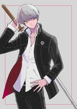 1boy 70okubun_no1 black_jacket black_pants closed_mouth cowboy_shot facing_viewer grey_hair hand_on_own_hip hand_up high_collar holding holding_sword holding_weapon jacket katana long_sleeves looking_to_the_side male_focus narukami_yu open_clothes open_jacket pants persona persona_4 school_uniform shadow_yu shirt short_hair simple_background solo standing sword weapon white_background white_shirt yasogami_school_uniform yellow_eyes