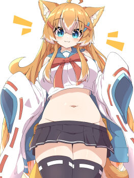 1girl :3 ahoge animal_ear_fluff animal_ears aqua_eyes belly black_skirt black_thighhighs blue_sailor_collar bow bowtie breasts commentary_request cowboy_shot cropped_shirt dog_ears dog_girl dog_tail facing_viewer groin hair_between_eyes hair_ornament hairclip haru_(toramaru2001710) highres jacket jacket_partially_removed large_breasts light_blush long_hair looking_at_viewer miniskirt multicolored_hair navel notice_lines open_clothes open_jacket orange_hair original pleated_skirt red_bow red_bowtie red_ribbon ribbon ribbon-trimmed_sleeves ribbon-trimmed_thighhighs ribbon_trim sailor_collar shirt side_slit sidelocks simple_background skirt sleeveless sleeveless_shirt sleeves_past_fingers sleeves_past_wrists smile solo straight-on tail thighhighs toramaru2001710 two-tone_hair very_long_hair white_background white_hair white_jacket white_shirt wide_sleeves x_hair_ornament zettai_ryouiki