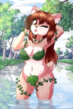 1girl :p alfa995 animal_ears arm_behind_head armlet arms_up artist_name bikini breasts brown_eyes brown_fur brown_hair cloud cloudy_sky cowboy_shot deer_ears deer_girl deer_tail doe_(alfa995) flower forest furry furry_female hair_over_eyes hand_on_own_face heart heart-shaped_pupils highres jewelry leaf leaf_bikini leaf_necklace long_hair medium_breasts nature navel one_eye_closed original partially_submerged pond sky solo summer symbol-shaped_pupils tail thighlet tongue tongue_out tree two-tone_fur water white_fur