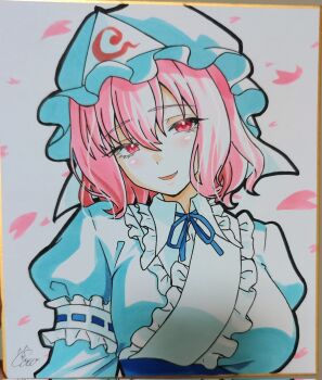 0002koko 1girl blue_hat breasts hat highres large_breasts looking_at_viewer photo_(medium) pink_eyes pink_hair pink_petals saigyouji_yuyuko shikishi short_hair smile solo touhou traditional_media upper_body