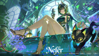 1girl armlet artist_name ashru_(genshin_impact) bare_legs black_cat black_gloves black_shirt bracelet breasts cape cat character_name chinese_commentary claw_ring commentary_request crossed_legs double-parted_bangs elbow_gloves english_text flower full_body genshin_impact gloves green_cape green_eyes green_hair hand_up headgear high_heels highres indoors jewelry lantern looking_at_viewer moehikaru mole mole_under_eye nefer_(genshin_impact) parted_lips purple_flower shirt shoes short_hair side_slit sideboob sitting sleeveless sleeveless_shirt window yellow_shoes