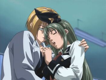 Rule 34 | 00s, 2001, 2girls, animal ears, animated, animated gif, bible black, blonde hair, blue eyes, breasts, crotch, crotch rub, fake ears, green hair, ito mika, kitami reika, large breasts, lipstick, long hair, lowres, makeup, mind control, multiple girls, nail polish, necktie, nurse, panties, purple nails, rabbit ears, rubbing, school nurse, school nurse and student, short hair, skirt, tagme, teacher, teacher and student, thighhighs, underwear, white panties, yuri