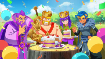 2boys 2girls archer_queen_(clash_of_clans) armor balloon barbarian_king beard blue_eyes blue_hair cake cake_slice cape clash_of_clans confetti crown dark-skinned_female dark_skin day facial_hair food fruit fur_collar grand_warden green_cape green_shirt grin hand_on_own_chin highres holding holding_plate holding_sword holding_weapon long_hair looking_at_food multiple_boys multiple_girls mustache outdoors pauldrons plate purple_hair purple_robe robe royal_champion shirt shoulder_armor single_pauldron sleeveless sleeveless_shirt smile spiked_pauldrons strawberry sword sword_on_back tree_stump weapon weapon_on_back