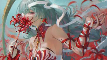 Rule 34 | 1girl, asukayou, bandaged arm, bandages, bare shoulders, breasts, chinese commentary, commentary request, fingernails, flower, grey eyes, grey hair, halterneck, hand up, highres, holding, holding flower, long hair, looking at viewer, medium breasts, multicolored hair, nail polish, phrolova (wuthering waves), red nails, solo, spider lily, streaked hair, tacet mark (wuthering waves), wuthering waves