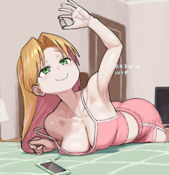 1girl aged_up alternate_breast_size_(larger) arm_up armpits ass bare_shoulders bed bedroom blonde_hair blush breast_press breasts camisole cellphone cellphone_charm charm_(object) cleavage closed_mouth collarbone colored_inner_hair curtained_hair dolphin_shorts door dot_nose downblouse fingernails green_eyes hair_behind_ear highres holding holding_vial indoors large_breasts long_hair lying maruko_tooto midriff multicolored_hair no_bra on_bed on_stomach parted_bangs phone pink_camisole pink_shorts raised_inner_eyebrows ruri_no_houseki shiny_skin shorts side_slit side_slit_shorts sleeveless smartphone solo spaghetti_strap strap_slip tanigawa_ruri television unfinished vial wavy_mouth wooden_door